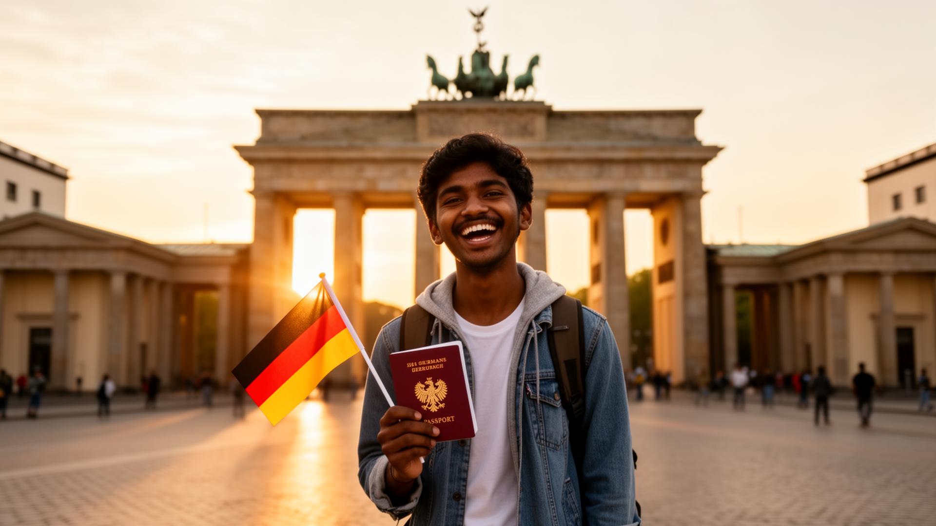 Sri Lankan student celebrating arrival in Berlin at Brandenburg Gate